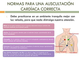NORMAS PARA UNA AUSCULTACIÓN
CARDÍACA CORRECTA
1. Debe practicarse en un ambiente tranquilo mejor con
luz velada, para que nada distraiga nuestra atención.
Mitral. En la punta cardíaca, en el V espacio intercostal (mayor contacto del
ventrículo izquierdo con la pared costal).
Aórtico. En el II espacio derecho junto al esternón (mayor aproximación de la
aorta ascendente).
Tricúspide. En el apéndice xifoides o en el VI articulación condroesternal derecha
(mayor contacto del ventrículo derecho).
Pulmonar. En el II espacio izquierdo inmediato al esternón (mayor aproximación
del cono o infundíbulo de la pulmonar).
Foco Aórtico Accesorio o de Erb. A la altura y algo a la izquierda en el
esternón, o en el punto en que una línea que une el foco aórtico clásico con la
punta del corazón corta el borde izquierdo del esternón.
 
