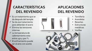CARACTERÍSTICAS
DEL REVENIDO
APLICACIONES
DEL REVENIDO
• Tornillería
• Arandelas
• Resortes
• Estructuras
metálicas
• Varillas
 Es un tratamiento que se
da después del temple
 Se da ese tratamiento
para ablandar el acero
 Elimina las tensiones
internas
 La temperatura de
calentamiento esta
entre 150 y 500 °c
 El enfriamiento puede
ser al aire o en aceite
 