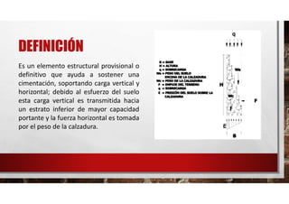 DEFINICIÓN
Es un elemento estructural provisional o
definitivo que ayuda a sostener una
cimentación, soportando carga vertical y
horizontal; debido al esfuerzo del suelo
esta carga vertical es transmitida hacia
un estrato inferior de mayor capacidad
portante y la fuerza horizontal es tomada
por el peso de la calzadura.
 