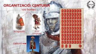 ORGANITZACIÓ: CENTURIA
100 homes
80 legionaris 20 no
combatent
s
Centurió
 