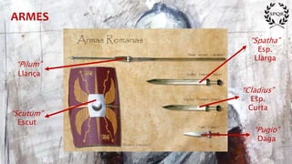 ARMES
“Pilum”
Llança
“Scutum”
Escut
“Spatha”
Esp.
Llarga
“Cladius”
Esp.
Curta
“Pugio”
Daga
 