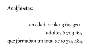 Analfabetas:
en edad escolar 3 615 320
adultos 6 709 164
que formaban un total de 10 324 484.
 