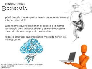 ¿Qué pasaría si las empresas fueran capaces de entrar y
salir del mercado?
Supongamos que todas tienen el acceso a la misma
tecnología para producir el bien y el mismo acceso al
mercado de insumos para la producción.
Todas la empresas que ingresen al mercado tienen los
mismos costos
Mankiw, Gregory. (2012). Principios de Economía. 6ta Edición.
México. CENGAGE.
CAPÍTULO 14
 