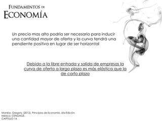 Mankiw, Gregory. (2012). Principios de Economía. 6ta Edición.
México. CENGAGE.
CAPÍTULO 14
Un precio mas alto podría ser necesario para inducir
una cantidad mayor de oferta y la curva tendrá una
pendiente positiva en lugar de ser horizontal
Debido a la libre entrada y salida de empresas la
curva de oferta a largo plazo es más elástica que la
de corto plazo
 