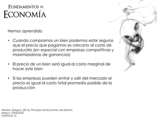 Hemos aprendido
• Cuando compramos un bien podemos estar seguros
que el precio que pagamos es cercano al costo de
producirlo (en especial con empresas competitivas y
maximizadoras de ganancias)
• El precio de un bien será igual al costo marginal de
hacer este bien
• Si las empresas pueden entrar y salir del mercado el
precio es igual al costo total promedio pasible de la
producción
Mankiw, Gregory. (2012). Principios de Economía. 6ta Edición.
México. CENGAGE.
CAPÍTULO 14
 