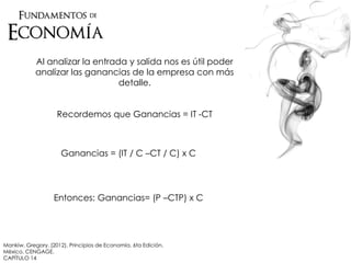 Al analizar la entrada y salida nos es útil poder
analizar las ganancias de la empresa con más
detalle.
Recordemos que Ganancias = IT -CT
Ganancias = (IT / C –CT / C) x C
Entonces: Ganancias= (P –CTP) x C
Mankiw, Gregory. (2012). Principios de Economía. 6ta Edición.
México. CENGAGE.
CAPÍTULO 14
 