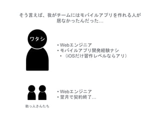 そう言えば、我がチームにはモバイルアプリを作れる人が
居なかったんだった…
ワタシ
• Webエンジニア
• モバイルアプリ開発経験ナシ
• （iOSだけ習作レベルならアリ）
• Webエンジニア
• 翌月で契約終了…
助っ人さんたち
 