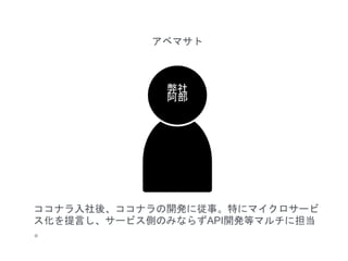 アベマサト
ココナラ入社後、ココナラの開発に従事。特にマイクロサービ
ス化を提言し、サービス側のみならずAPI開発等マルチに担当
。
弊社
阿部
 