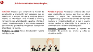 Subsistema de Gestión de Empleo
Período de prueba: Proceso que se lleva a cabo en un
plazo establecido por norma, que tiene por objeto
apreciar y validar las habilidades técnicas,
competencias y experiencia del servidor en el puesto,
mediante la retroalimentación, en la cual el servidor
también verifica su adaptación de al puesto y la
conveniencia de las condiciones del puesto.
Productos esperados: Formatos y reportes de
evaluación de período de prueba y actas de
retroalimentación.
Inducción: Proceso que comprende la función de
socialización y orientación del trabajador que se
incorpora a la entidad. Incluye la inducción general
referida a la información sobre el Estado, la entidad y
normas internas; y la inducción especifica referida al
puesto; proporcionándole la información necesaria
para facilitar y garantizar su integración y adaptación
a la entidad y al puesto.
Productos esperados: Planes de inducción y registro
de inducciones.
 