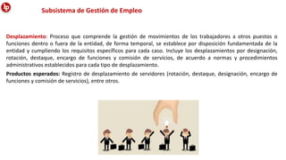 Desplazamiento: Proceso que comprende la gestión de movimientos de los trabajadores a otros puestos o
funciones dentro o fuera de la entidad, de forma temporal, se establece por disposición fundamentada de la
entidad y cumpliendo los requisitos específicos para cada caso. Incluye los desplazamientos por designación,
rotación, destaque, encargo de funciones y comisión de servicios, de acuerdo a normas y procedimientos
administrativos establecidos para cada tipo de desplazamiento.
Productos esperados: Registro de desplazamiento de servidores (rotación, destaque, designación, encargo de
funciones y comisión de servicios), entre otros.
Subsistema de Gestión de Empleo
 