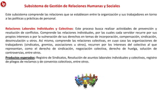 Este subsistema comprende las relaciones que se establecen entre la organización y sus trabajadores en torno
a las políticas y prácticas de personal.
Subsistema de Gestión de Relaciones Humanas y Sociales
Relaciones Laborales Individuales y Colectivas: Este proceso busca realizar actividades de prevención y
resolución de conflictos. Comprende las relaciones individuales, por las cuales cada servidor recurre por sus
propios intereses o por la vulneración de sus derechos en temas de incorporación, compensación, sindicación,
desvinculación u otros. Así mismo, comprende las relaciones colectivas, en cuyo caso las organizaciones de
trabajadores (sindicatos, gremios, asociaciones u otros), recurren por los intereses del colectivo al que
representan, como el derecho de sindicación, negociación colectiva, derecho de huelga, solución de
controversias, entre otros.
Productos esperados: Registro de Sindicatos, Resolución de asuntos laborales individuales y colectivos, registro
de pliegos de reclamos y de convenios colectivos, entre otros.
 