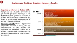 Subsistema de Gestión de Relaciones Humanas y Sociales
Seguridad y Salud en el Trabajo (SST):
Comprende las actividades orientadas a
promover la prevención de riesgos de los
trabajadores en el ejercicio de su labor que
puedan afectar su salud o integridad; así
como la protección del patrimonio de la
entidad y el medio ambiente.
Productos esperados: Plan y programas de
seguridad y salud en el trabajo, Plan de
capacitaciones en SST, Registro de
incidentes por seguridad y salud en el
trabajo, Diagnóstico de SST (Identificación
de Peligros y Evaluación de Riesgos - IPER),
entre otros.
 