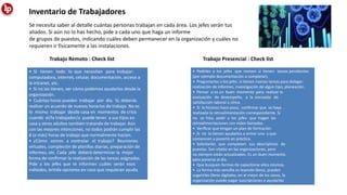 Se necesita saber al detalle cuántas personas trabajan en cada área. Los jefes serán tus
aliados. Si aún no lo has hecho, pide a cada uno que haga un informe
de grupos de puestos, indicando cuáles deben permanecer en la organización y cuáles no
requieren ir físicamente a las instalaciones.
• Si tienen todo lo que necesitan para trabajar:
computadora, internet, celular, documentación, acceso a
la intranet, etc.
• Si no las tienen, ver cómo podemos ayudarlos desde la
organización.
• Cuántas horas pueden trabajar por día. Sí, deberás
realizar un acuerdo de nuevos horarios de trabajo. No es
lo mismo trabajar desde casa en momentos de crisis
cuando el/la trabajador/a puede tener a sus hijos en
casa y otros adultos también tratando de trabajar. Aún
con las mejores intenciones, no todos podrán cumplir las
8 (o más) horas de trabajo que normalmente hacían.
• ¿Cómo vamos a controlar el trabajo? Reuniones
virtuales, compleción de planillas diarias, preparación de
informes, etc. Cada jefe deberá determinar la mejor
forma de conﬁrmar la realización de las tareas asignadas.
Pide a los jefes que te informen cuáles serán esos
métodos, brinda opciones en caso que requieran ayuda.
Trabajo Remoto : Check list
Inventario de Trabajadores
• Pedirles a los jefes que revisen si tienen tareas pendientes
(por ejemplo documentación a completar).
• Preguntarles a los jefes si tienen nuevas tareas para delegar:
realización de informes, investigación de algún tipo, planeación.
• Pensar si es un buen momento para realizar la
evaluación de desempeño, o la encuesta de
satisfacción laboral o clima.
• Si la hicimos hace poco, conﬁrmar que se haya
realizado la retroalimentación correspondiente. Si
no se hizo, pedir a los jefes que hagan las
retroalimentaciones con video llamadas.
• Veriﬁcar que tengan un plan de formación.
• Si no lo tienen ayudarlos a armar uno y que
comiencen a ponerlo en práctica.
• Solicitarles que completen sus descriptivos de
puestos. Son vitales en las organizaciones, pero
no siempre están actualizados. Es un buen momento
para ponerse al día.
• Que busquen formas de capacitarse ellos mismos.
• La forma más sencilla es leyendo libros, pueden
sugerirles libros digitales, en el mejor de los casos, la
organización puede pagar suscripciones o ayudarlos
Trabajo Presencial : Check list
 
