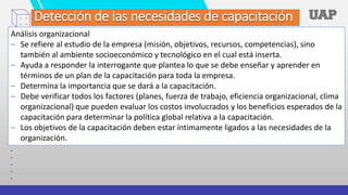 Detección de las necesidades de capacitación
Análisis organizacional
– Se refiere al estudio de la empresa (misión, objetivos, recursos, competencias), sino
también al ambiente socioeconómico y tecnológico en el cual está inserta.
– Ayuda a responder la interrogante que plantea lo que se debe enseñar y aprender en
términos de un plan de la capacitación para toda la empresa.
– Determina la importancia que se dará a la capacitación.
– Debe verificar todos los factores (planes, fuerza de trabajo, eficiencia organizacional, clima
organizacional) que pueden evaluar los costos involucrados y los beneficios esperados de la
capacitación para determinar la política global relativa a la capacitación.
– Los objetivos de la capacitación deben estar íntimamente ligados a las necesidades de la
organización.
 