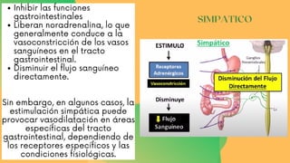 SIMPATICO
Inhibir las funciones
gastrointestinales
Liberan noradrenalina, lo que
generalmente conduce a la
vasoconstricción de los vasos
sanguíneos en el tracto
gastrointestinal.
Disminuir el flujo sanguíneo
directamente.
Sin embargo, en algunos casos, la
estimulación simpática puede
provocar vasodilatación en áreas
específicas del tracto
gastrointestinal, dependiendo de
los receptores específicos y las
condiciones fisiológicas.
 