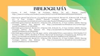 BIBLIOGRAFÍA
Guyton & Hall. Tratado de Fisiología Médica. (14 ed.). Elsevier: España.
https://www.clinicalkey.com/student/content/book/3-s2.0-B9788413820132000634#hl0000472
Descripción general de la función y la regulación gastrointestinal. Barrett K.E., & Barman S.M., & Brooks
H.L., & Yuan J.J.(Eds.), (2020). Ganong Fisiología médica, 26a. McGraw Hill.
https://accessmedicina.mhmedical.com/content.aspx?bookid=2954&sectionid=250025049
Motilidad gastrointestinal. Barrett K.E., & Barman S.M., & Brooks H.L., & Yuan J.J.(Eds.), (2020). Ganong
Fisiología médica, 26a. McGraw Hill. https://accessmedicina.mhmedical.com/content.aspx?
bookid=2954&sectionid=25043333
Motilidad gastrointestinal. Barrett K.E., & Barman S.M., & Brooks H.L., & Yuan J.J.(Eds.), (2020). Ganong
Fisiología médica, 26a. McGraw Hill. https://accessmedicina.mhmedical.com/content.aspx?
bookid=2954&sectionid=250433337
Motilidad gastrointestinal y flujo de agua; vómito; enfermedad biliar y pancreática. Hilal-Dandan R, &
Brunton L.L.(Eds.), (2015). Goodman & Gilman. Manual de farmacología y terapéutica, 2e. McGraw Hill.
https://accessmedicina.mhmedical.com/content.aspx?bookid=1468&sectionid=93497907
Motilidad gastrointestinal. Barrett K.E., & Barman S.M., & Brooks H.L., & Yuan J.J.(Eds.), (2020). Ganong
Fisiología médica, 26a. McGraw Hill. https://accessmedicina.mhmedical.com/content.aspx?
bookid=2954&sectionid=250433337
 