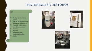 MATERIALES Y MÉTODOS
 20.55 g de cáscaras de
naranja
 200 ml de alcohol de alta
graduación (etanol 96°)
 Frasco de vidrio oscuro
para almacenamiento
 Embudo
 Algodón
 Recipientes para
extracción (soxhlet)
 Estufa
 