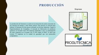 PRODUCCIÓN
La producción de limoneno se centra en la extracción de aceites esenciales de
las cáscaras de naranja y otras frutas cítricas. Este proceso es esencial para
obtener el limoneno de alta pureza utilizado en diversas industrias. Según la
Superintendencia de Compañías, el mercado de fabricación de productos
químicos en Ecuador tiene 250 empresas dedicadas a esto. La participación
de estas empresas en el ecuador son 31.54% según el INEC, es decir que
existen 79 empresas en la ciudad de guayaquil que son potenciales
compradores.
Empresas
 