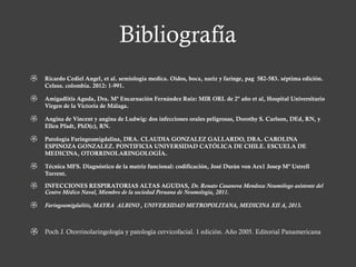 Bibliografía
Ricardo Cediel Angel, et al. semiología medica. Oidos, boca, nariz y faringe, pag 582-583. séptima edición.
Celsus. colombia. 2012: 1-991.
Amigadlitis Aguda, Dra. Mª Encarnación Fernández Ruiz: MIR ORL de 2º año et al, Hospital Universitario
Virgen de la Victoria de Málaga.
Angina de Vincent y angina de Ludwig: dos infecciones orales peligrosas, Dorothy S. Carlson, DEd, RN, y
Ellen Pfadt, PhD(c), RN.
Patología Faringoamigdalina, DRA. CLAUDIA GONZALEZ GALLARDO, DRA. CAROLINA
ESPINOZA GONZALEZ. PONTIFICIA UNIVERSIDAD CATÓLICA DE CHILE. ESCUELA DE
MEDICINA, OTORRINOLARINGOLOGÍA.
Técnica MFS. Diagnóstico de la matriz funcional: codificación, José Durán von Arx1 Josep Mª Ustrell
Torrent.
INFECCIONES RESPIRATORIAS ALTAS AGUDAS, Dr. Renato Casanova Mendoza Neumólogo asistente del
Centro Médico Naval, Miembro de la sociedad Peruana de Neumología, 2011.
Faringoamigdalitis, MAYRA ALBINO , UNIVERSIDAD METROPOLITANA, MEDICINA XII A, 2013.
Poch J. Otorrinolaringología y patología cervicofacial. 1 edición. Año 2005. Editorial Panamericana
 