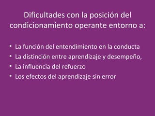 Dificultades con la posición del condicionamiento operante entorno a: La función del entendimiento en la conducta La distinción entre aprendizaje y desempeño,  La influencia del refuerzo Los efectos del aprendizaje sin error  
