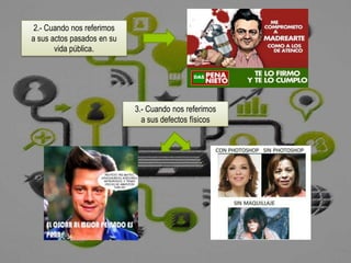 2.- Cuando nos referimos
a sus actos pasados en su
       vida pública.




                            3.- Cuando nos referimos
                              a sus defectos físicos
 
