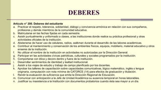 DEBERES
Artículo n° 200. Deberes del estudiante
a. Practicar el respeto, tolerancia, solidaridad, diálogo y convivencia armónica en relación con sus compañeros,
profesores y demás miembros de la comunidad educativa.
b. Matricularse en las fechas fijadas en cada semestre.
c. Asistir puntualmente y uniformado a clases, a las instituciones donde realice su práctica profesional y otras
actividades oficiales de la institución.
d. Abstenerse de hacer uso de celulares, radios, walkman durante el desarrollo de las labores académicas.
e. Contribuir al mantenimiento y conservación de los ambientes físicos, equipos, mobiliario, material educativo y otros
enseres de la institución.
f. No utilizar el nombre de la institución en actividades no autorizadas por la Dirección General.
g. Participar en las actividades cívicas patrióticas, culturales y sociales programados por la institución.
h. Comportarse con ética y decoro dentro y fuera de la institución.
i. Desarrollar sentimientos de identidad y lealtad institucional.
j. Asistir a los viajes de estudio y trabajo de campo planificado por los docentes.
k. Aprobar los talleres de capacitación sobre capacidades comunicativas, lógico matemático, inglés o lengua
originaria, computación con nota mínima de CATORCE (14) para efectos de graduación y titulación.
l. Rendir la evaluación de suficiencia que emita la Dirección Regional de Educación.
m. Comunicar con anticipación a la Jefe de Unidad Académica su ausencia temporal en horas laborables.
n. Justificar su inasistencia a la Institución con documentos probatorios cuando ésta sea mayor a un día.
 