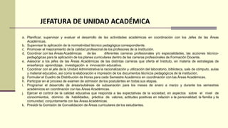 a. Planificar, supervisar y evaluar el desarrollo de las actividades académicas en coordinación con los Jefes de las Áreas
Académicas.
b. Supervisar la aplicación de la normatividad técnico pedagógica correspondiente.
c. Promover el mejoramiento de la calidad profesional de los profesores de la Institución.
d. Coordinar con las Áreas Académicas de las diferentes carreras profesionales y/o especialidades, las acciones técnico-
pedagógicas para la aplicación de los planes curriculares dentro de las carreras profesionales de Formación Docente.
e. Asesorar a los jefes de las Áreas Académicas de las distintas carreras que oferta el Instituto, en materia de estrategias de
enseñanza aprendizaje, investigación e innovación educativa.
f. Coordinar con el jefe de la Unidad Administrativa la racionalización y utilización del laboratorio, biblioteca, sala de cómputo, aulas
y material educativo, así como la elaboración e impresión de los documentos técnicos pedagógicos de la institución.
g. Formular el Cuadro de Distribución de Horas para cada Semestre Académico en coordinación con las Áreas Académicas.
h. Participar en el proceso de examen de admisión de los postulantes en todas sus etapas.
i. Programar el desarrollo de áreas/subáreas de subsanación para los meses de enero a marzo y durante los semestres
académicos en coordinación con las Áreas Académicas.
j. Ejercer el control de la calidad educativa que responda a las expectativas de la sociedad, en aspectos sobre el nivel de
conocimientos, dominio de habilidades, práctica de valores, actitudes positivas en relación a la personalidad, la familia y la
comunidad, conjuntamente con las Áreas Académicas.
k. Presidir la Comisión de Convalidación de Áreas curriculares de los estudiantes.
JEFATURA DE UNIDAD ACADÉMICA
 