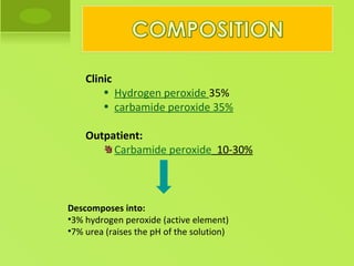 Clinic
        • Hydrogen peroxide 35%
        • carbamide peroxide 35%

    Outpatient:
         Carbamide peroxide 10-30%



Descomposes into:
•3% hydrogen peroxide (active element)
•7% urea (raises the pH of the solution)
 