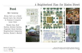 A Neighborhood Plan for Bladen Street
             Food                                  Agricultural Plaza

        Eat Locally                                 E   E   F
                                                                            D
 Every Unit          o n a Block
should have          the Ability                                                  C
                                           F
  to Produce         & Acquire                          A           B

       Local         Food:
                                           F                                     E
   Window Box, Roof
                                               F        E       E                E
Gard en, Kitchen Gard en,
Communal Block Gard en,
Neig hborhood Community                   Plaza Key

Gard en, Farmer's Market                  A.   Community Garden
                                          B.   Market Square/parking
                                          C.   Market Plaza
                                          D.   Market Store
                                          E.   Food/Craft-based Live-Work
                                          F.   Incubator food-based retail




Beaufort, SC October 2010                                     Beaufo rt thr e e Centu ry ProjeCt & histo riC Beaufo rt fo u ndatio n :
                                                            Arch itect u re & Neig hborhood Design s Expositio n: Submittal
                                                                                                                                 p|13
 