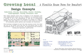 Growing Local                                                          A Flexible House Form for Beaufort
                   Design Co ncepts
 Public Realm . Diversity . Accessibility . Context . Flexibility .
        Formal Typologies . Security . Environment . Food
Th is simple sid eyard house form is d esigned to fit sea mlessly into
many neig hborhoods with in the City of Beaufort. As illus trated below,
a variety of use s and com binatio n s of uses can be accommodated
with in th is form. Th is allows the b uilding to be placed in a rang e of
settings, from more u rban as a live work, to more ru ral as a duplex.
     Its incremental growth pattern also increases its flexibility.

Th is b uilding is d esigned to spu r the local eco n omy as well. One owner
can live o n the seco nd le vel and rent out the ground floor to gain
supplemental income. It also provid es the neig hborhood with workforce
                  housing and employment o pport unities.




               B
          A
                                                                                                                                                  50' Phase 1 Form       70' Phase 2 Form
                                   H
                                               I
               B



                                       G
                                                           G                   Plan Key
                       J
                                                                        F
                                                                               A.   Public Realm : Plantings             G.   Semi-Public Outdoor Space / Sun Shading Porch
                                                   B   B
          A                                C                                   B.   Window Box                           H.   505 SF Work Space with A.D.A. Bath
                                       F
                                                                               C.   Kitchen Garden                       I.   770 SF Live Space with 1 Bed & 1 Bath
                           D   E
                                                                               D.   Private Courtyard Space              J.   Stair to upper unit :
                                           C                                   E.   Water Retention                                928 SF Unit with 2 Bed & 2 Bath OR
                   E
                                                                               F.   Potential A.D.A Ramp                           1,275 SF Unit with 3 Bed & 3 Bath


October 2010                                                                                                     Beaufo rt thr e e Centu ry ProjeCt & histo riC Beaufo rt fo u ndatio n :
                                                                                                               Arch itect u re & Neig hborhood Design s Expositio n: Submittal
                                                                                                                                                                                     p|15
 