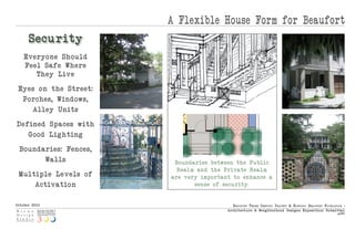 A Flexible House Form for Beaufort
      Secu rity
   Everyo ne Should
   Feel Safe Where
      They Live

 Eyes o n the Street:
  Porches, Windows,
     Alley Units

De fined Spaces with
    Good Lig hting

 Boundaries: Fences,
       Walls             Boundaries between the Public
                          Real m and the Private Real m
 Multiple Le vels of    are very important to enhance a
     Activatio n                sen se of secu rity.


October 2010                               Beaufo rt thr e e Centu ry ProjeCt & histo riC Beaufo rt fo u ndatio n :
                                         Arch itect u re & Neig hborhood Design s Expositio n: Submittal
                                                                                                              p|23
 
