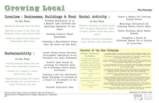 Growing Local                                                                                                                                                                              Plan Concepts


Localism : Businesses, Buildings & Food Social Activity :                                                                                                Create a Reaso n for Visiting
                                                                                                                                                                 Blad en Street
              In the Plan                             Growing Physically in in                          In the Plan
                                                     a Manner that Protects the                                                                           Encou rag e Interactio n By
Maintained Exis ting Block Struct u re                                                 Created a h ierarchy of Public Spaces
                                                      Exis ting Character of the                                                                        Creating Usa ble Public Space
                                                                                        from the Lar g e Agricult u ral Plaza
                                                                 Place
Specified a series of Live-Work and                                                    to small, interior block semi-public                              Create Friendly, Multi-Modal
Sho pfro nt Units alo ng Blad en Street                  Growing Locally Owned                                    spaces                                            Streets
                                                               Businesses                                                                                   Integrate a Series of
Created an Agricult u ral Plaza as a                                                     Specified s treets to accommodate
         Neig hborhood Focal Point                                                                                                                     Different Spaces for a Variety
                                                    Creating a Nou risha ble Place       motor veh icles, bikes, and peo ple
                                                                                                                                                                of Activities
                                                     that can Grow its Own Food

                                                                                        Charter of the New Urbanism
Sustainability :                                    Create Blad en Street Eco n omic
                                                    De velo pment Associatio n as an
                                                                                        The Block, The Street &                  1. A primary task of all u rban arch itect u re and landscape d esign is the
                                                                                                                                 physical d e finitio n of s treets and public spaces as places of shared use.
                                                                                                The Building                     2. Individual arch itect u ral projects should be sea mlessly linked to their
                                                    Incubator for Local Businesses                                                               su rroundings. Th is issue tran scends s tyle.
              In the Plan                                                                The text at right is taken from
                                                                                         the Charter of the New Urbanism,         3. The re vitalizatio n of u rban places d epends o n safety and secu rity. The
                                                                                                                                d esign of s treets and b uildings should reinforce safe enviro nments, b ut n ot
                                                        Sus tain Land Values by            a document that outlines the                           at the expen se of accessibility and o penness.
  Infilled Exis ting Blocks with new                                                    goals for the Congress for the New
                                                      allowing for Flexible Land        Urbanism (CNU). Brown Design Studio
                                                                                                                                4. In the co ntemporary metro polis, d e velo pment mus t ad equately accommodate
                                                                                                                                  automobiles. It should do so in ways that respect the ped es trian and the
 units, both resid ential & mixed use
                                                     Use & Strategic Public Real m      is a member of the CNU and adheres                                  form of public space.
                                                                                        to its principles in all levels of         5. Streets and squares should be safe, comforta ble, and interes ting to
      Allowed for a market to anchor
                                                               Inves tment                            design.
                                                                                                                                  the ped es trian. Pro perly co nfigu red, they encou rag e walking and ena ble
                                                                                                                                        neig hbor s to kn ow each other and protect their communities.

            Agricult u ral Plaza                   Creating a Hub for Food/Craft
                                                                                         The Charter is broken up into 3           6. Arch itect u re and landscape d esign should grow from local climate,
                                                                                                                                                   to pography, h is tory, and b uilding practice.
                                                                                                      scales:
                                                   Based Businesses to Incubate as     The region: Metropolis, City, and town
                                                                                                                                 7. Civic b uildings and public gathering places require important sites to
                                                                                                                                 reinforce community id entity and the cult u re of d emocracy. They d eserve
Designed with Building Form rather
                                                    a Result of Inves tment in the      The neighborhood, the district, and
                                                                                                                                    dis tinctive form, because their role is different from that of other
                                                                                                                                         b uildings and places that co n s tit ute the fa bric of the city.
 that Building Use to allow plan to
                                                               Market                              the corridor                  8. All b uildings should provid e their inha bitants with a clear sen se of
        adapt to eco n omy over time                                                       The block, the street and the
                                                                                                                                locatio n, weather and time. Nat u ral methods of heating and cooling can be
                                                                                                                                              more resou rce-e fficient than mechanical sys tems.
                                                        Increase Po pulatio n Base                   building
                                                                                                                                9. Preservatio n and renewal of h is toric b uildings, dis tricts, and landscapes
                                                                                                                                           affirm the co ntinuity and e v olutio n of u rban society.


Beaufo rt thr e e Centu ry ProjeCt & histo riC Beaufo rt fo u ndatio n :                                                                                                     Beaufort, SC October 2010
Arch itect u re & Neig hborhood Design s Expositio n: Submittal
p|4
 
