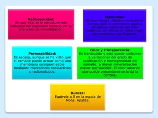 Radioopacidad:
Es muy alta, es la estructura más
radiopaca del organismo humano por su
alto grado de mineralización.
Elasticidad:
Es muy escasa, debido a su extrema
dureza, pues la cantidad de agua u
sustancias orgánicas son muy
reducida, por ello es un tejido frágil
con tendencia a las fracturas.
Permeabilidad:
Es escasa, aunque se ha visto que
el esmalte puede actuar como una
membrana semipermeable
mediante marcadores radioactivos
o radioisótopos.
Color y transparencia:
Es translucido y esto puede atribuirse
a variaciones del grado de
calcificación y homogeneidad del
esmalte, a mayor mineralización
mayor translucidez. El color amarillo
que puede presentarse se lo da la
dentina.
Dureza:
Equivale a 5 en la escala de
Mohs. Apatita.
 