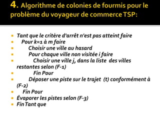  Tant que le critère d'arrêt n'est pas atteint faire
 Pour k=1 à m faire
 Choisir une ville au hasard
 Pour chaque ville non visitée i faire
 Choisir une ville j, dans la liste des villes
restantes selon (F-1)
 Fin Pour
 Déposer une piste sur le trajet (t) conformément à
(F-2)
 Fin Pour
 Évaporer les pistes selon (F-3)
 FinTant que
 