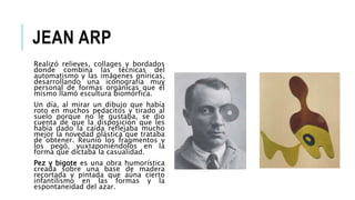 JEAN ARP
Realizó relieves, collages y bordados
donde combina las técnicas del
automatismo y las imágenes oníricas,
desarrollando una iconografía muy
personal de formas orgánicas que él
mismo llamó escultura biomórfica.
Un día, al mirar un dibujo que había
roto en muchos pedacitos y tirado al
suelo porque no le gustaba, se dio
cuenta de que la disposición que les
había dado la caída reflejaba mucho
mejor la novedad plástica que trataba
de obtener. Reunió los fragmentos y
los pegó, yuxtaponiéndolos en la
forma que dictaba la casualidad.
Pez y bigote es una obra humorística
creada sobre una base de madera
recortada y pintada que aúna cierto
infantilismo en las formas y la
espontaneidad del azar.
 