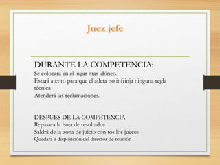 DURANTE LA COMPETENCIA:
Se colocara en el lugar mas idóneo.
Estará atento para que el atleta no infrinja ninguna regla
técnica
Atenderá las reclamaciones.
DESPUES DE LA COMPETENCIA
Repasara la hoja de resultados
Saldrá de la zona de juicio con tos los jueces
Quedara a disposición del director de reunión
 