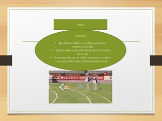 caída
Acciones:
• Decidirá la valides o no del lanzamiento
respecto a la caída
• Decidirá cual es la huella valida el juez de huella
no lo esta
• Se recomienda que se utilice solamente la vadera
roja para indicar que el lanzamiento es nulo.
 