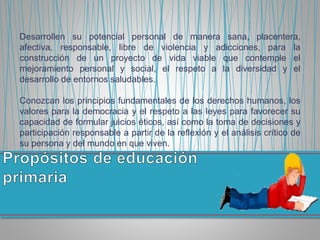 Desarrollen su potencial personal de manera sana, placentera,
afectiva, responsable, libre de violencia y adicciones, para la
construcción de un proyecto de vida viable que contemple el
mejoramiento personal y social, el respeto a la diversidad y el
desarrollo de entornos saludables.
Conozcan los principios fundamentales de los derechos humanos, los
valores para la democracia y el respeto a las leyes para favorecer su
capacidad de formular juicios éticos, así como la toma de decisiones y
participación responsable a partir de la reflexión y el análisis crítico de
su persona y del mundo en que viven.
 