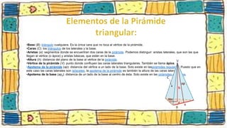 •Base (B): triángulo cualquiera. Es la única cara que no toca al vértice de la pirámide.
•Caras (C): los triángulos de los laterales y la base.
•Aristas (a): segmentos donde se encuentran dos caras de la pirámide. Podemos distinguir: aristas laterales, que son las que
llegan al vértice (o ápice) y aristas básicas, que están en la base.
•Altura (h): distancia del plano de la base al vértice de la pirámide.
•Vértice de la pirámide (V): punto donde confluyen las caras laterales triangulares. También se llama ápice.
•Apotema de la pirámide (ap): distancia del vértice a un lado de la base. Solo existe en laspirámides regulares. Puesto que en
este caso las caras laterales son isósceles, la apotema de la pirámide es también la altura de las caras laterales.
•Apotema de la base (apb): distancia de un lado de la base al centro de ésta. Solo existe en las pirámides regulares.
 