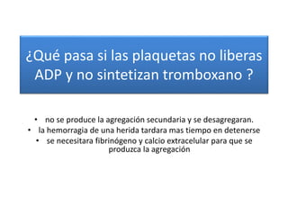 • no se produce la agregación secundaria y se desagregaran.
• la hemorragia de una herida tardara mas tiempo en detenerse
• se necesitara fibrinógeno y calcio extracelular para que se
produzca la agregación
¿Qué pasa si las plaquetas no liberas
ADP y no sintetizan tromboxano ?
 