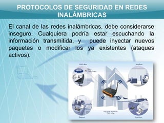 PROTOCOLOS DE SEGURIDAD EN REDES
            INALÁMBRICAS
El canal de las redes inalámbricas, debe considerarse
inseguro. Cualquiera podría estar escuchando la
información transmitida, y puede inyectar nuevos
paquetes o modificar los ya existentes (ataques
activos).
 