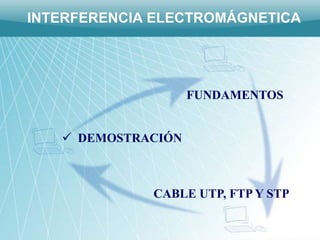INTERFERENCIA ELECTROMÁGNETICA




                    FUNDAMENTOS


    DEMOSTRACIÓN



             CABLE UTP, FTP Y STP
 