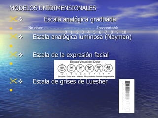 MODELOS UNIDIMENSIONALES              Escala analógica graduada          Escala analógica luminosa (Nayman)          Escala de la expresión facial          Escala de grises de Luesher   No dolor --------------------------------------Insoportable                                0   1   2   3   4   5   6   7   8   9   10 