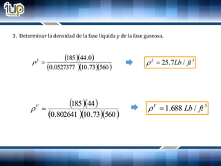   
   56073.100527377.0
0.44185
L

  
   56073.10802641.0
44185
V

3
/7.25 ftLbL

3
/688.1 ftLbV

3. Determinar la densidad de la fase líquida y de la fase gaseosa.
 