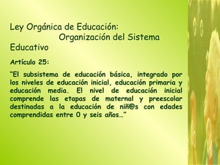 Ley Orgánica de Educación: Organización del Sistema Educativo Artículo 25: “ El subsistema de educación básica, integrado por los niveles de educación inicial, educación primaria y educación media. El nivel de educación inicial comprende las etapas de maternal y preescolar destinadas a la educación de niñ@s con edades comprendidas entre 0 y seis años…” 