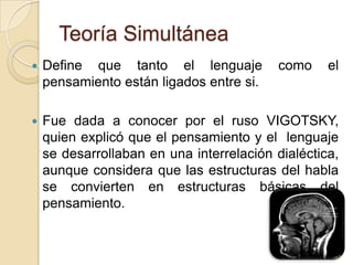 Teoría SimultáneaDefine que tanto el lenguaje como el pensamiento están ligados entre si.Fue dada a conocer por el ruso VIGOTSKY, quien explicó que el pensamiento y el  lenguaje se desarrollaban en una interrelación dialéctica, aunque considera que las estructuras del habla se convierten en estructuras básicas del pensamiento.