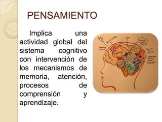 PENSAMIENTO		Implica una actividad global del sistema cognitivo con intervención de los mecanismos de memoria, atención, procesos de comprensión y aprendizaje.