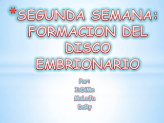 SEGUNDA SEMANA: FORMACION DEL DISCO EMBRIONARIO Por:  IsDiMe  MaLeJa DaRy 