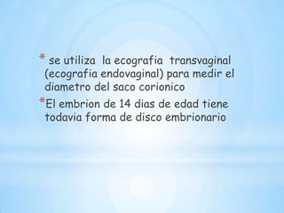 se caracteriza por la aparición de las vellosidades corionicas primariasLas proyecciones celulares forman vellosidades corionicas primarias. el celoma extraembrionario divide al mesodermo extraembrionario en dos capas:- mesodermo somático extraembrionario- mesodermo esplácnico extraembrionario.