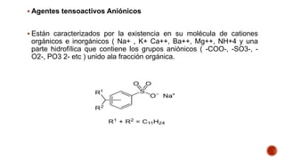  Agentes tensoactivos Aniónicos
 Están caracterizados por la existencia en su molécula de cationes
orgánicos e inorgánicos ( Na+ , K+ Ca++, Ba++, Mg++, NH+4 y una
parte hidrofílica que contiene los grupos aniónicos ( -COO-, -SO3-, -
O2-, PO3 2- etc ) unido ala fracción orgánica.
 